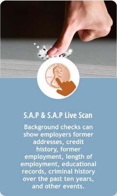 C. S.A.P & S.A.P Live Scan Background checks can show employers former addresses, credit  history, former employment, length of employment, educational records, criminal history over the past ten years, and other events.
